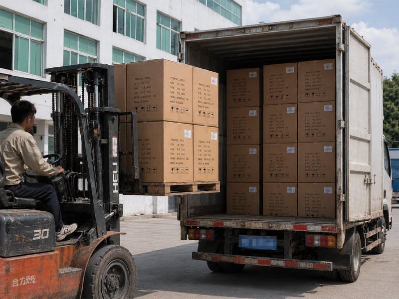 Worker handcart-loading plush toy export cartons into the customer's delivery van outside our Shenzhen factory