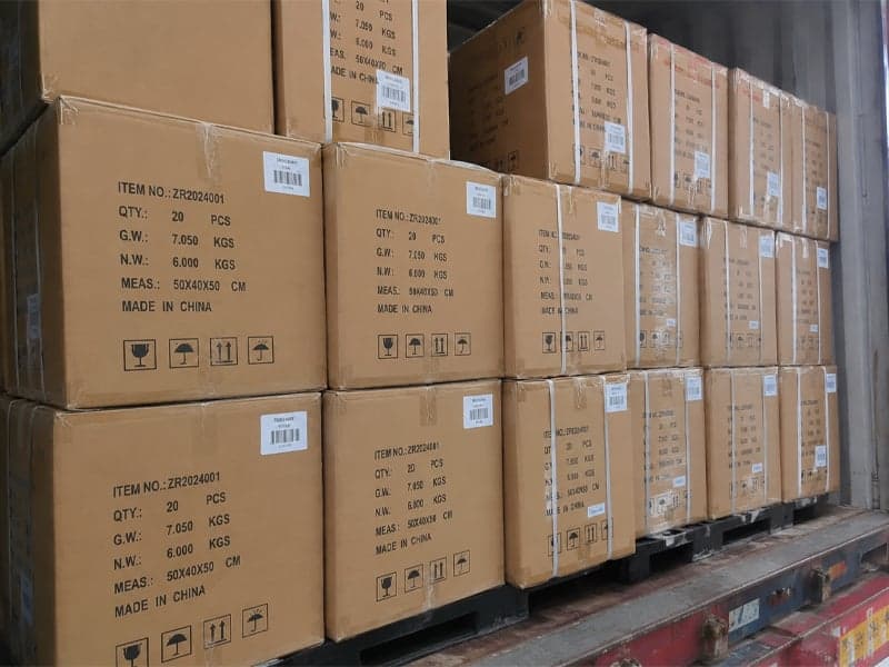 Bulk plush toy export cartons loaded inside the shipping container — Made in China, item-coded for FCL export