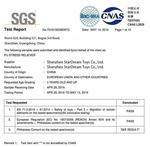 SGS certificate — Toy Safety Standards | StarDream Toys plush toy factory